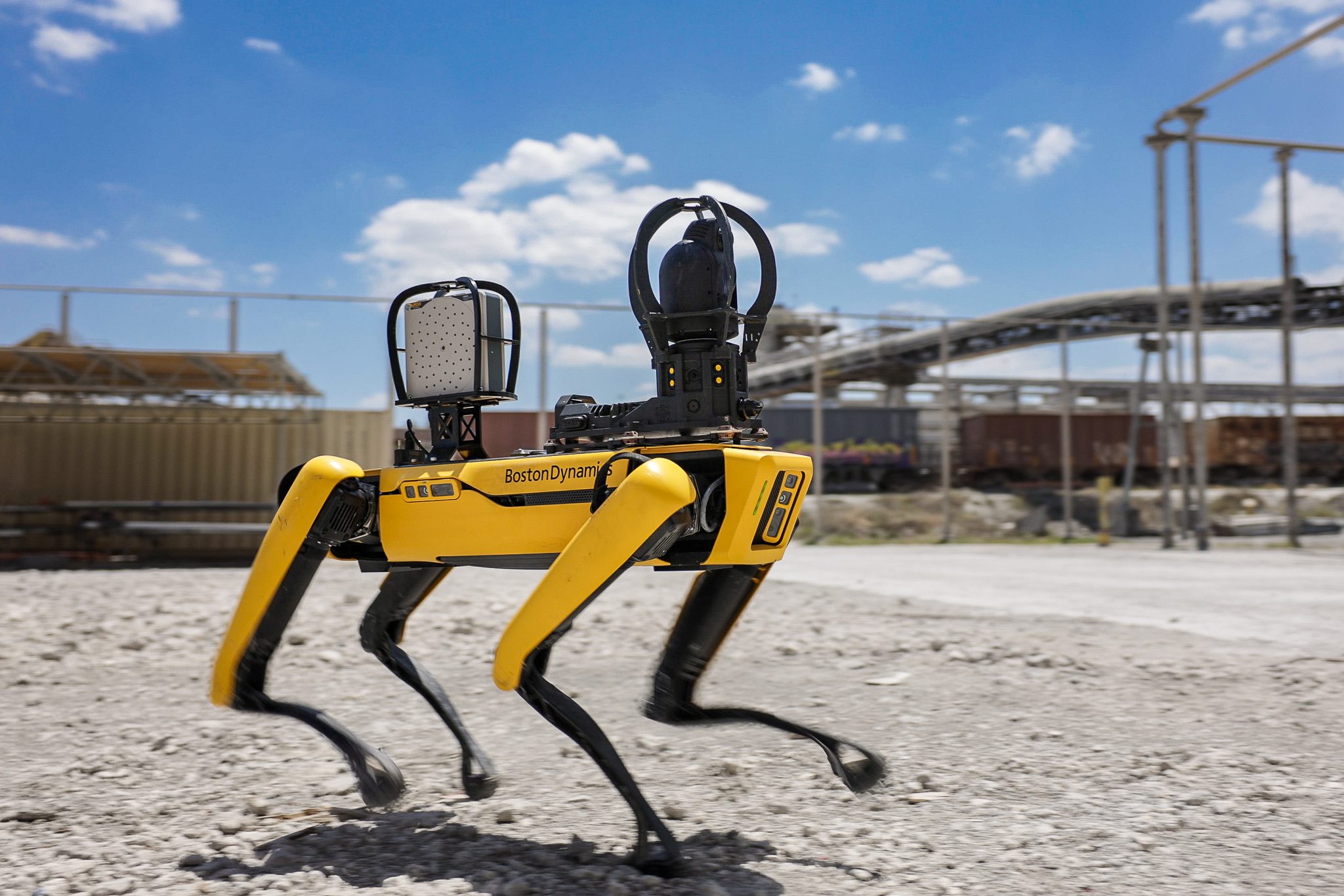Boston Dynamics Spot robot inspecting an active industrial site - automation and inspection photography.