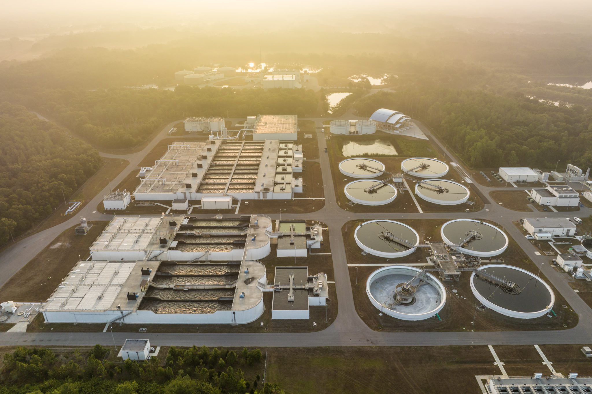 Drone image of a water treatment facility near Orlando, Florida, captured by an industrial photographer.