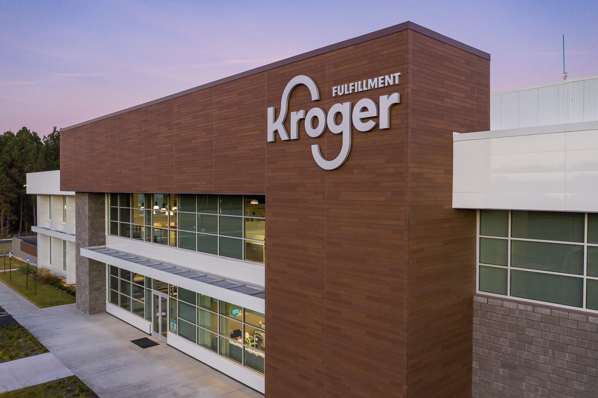 Drone industrial photography of Kroger’s logistics facility exterior near Orlando.