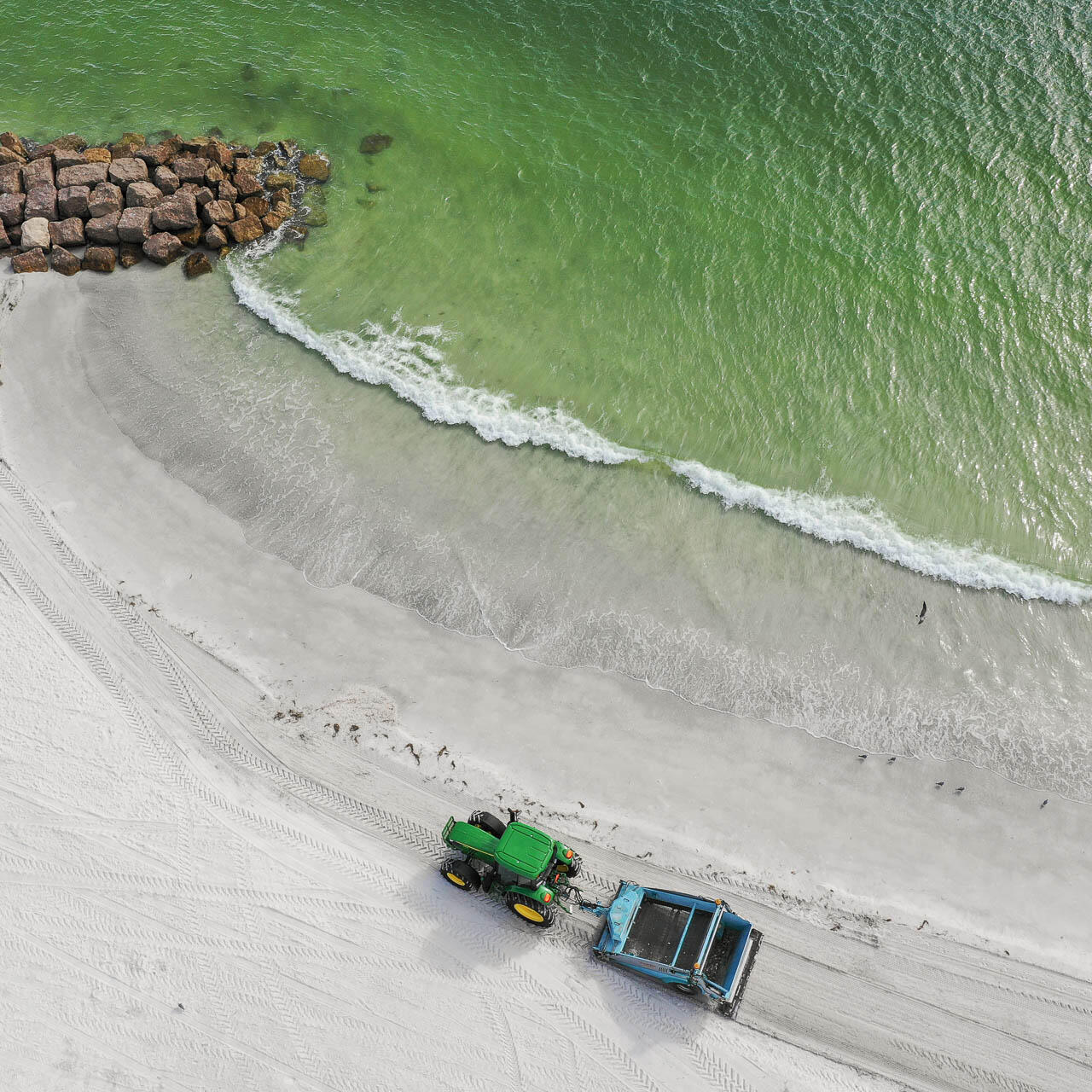 Aerial drone photograph of a tractor cleaning the shoreline during red tide cleanup at Clearwater Beach, Florida.