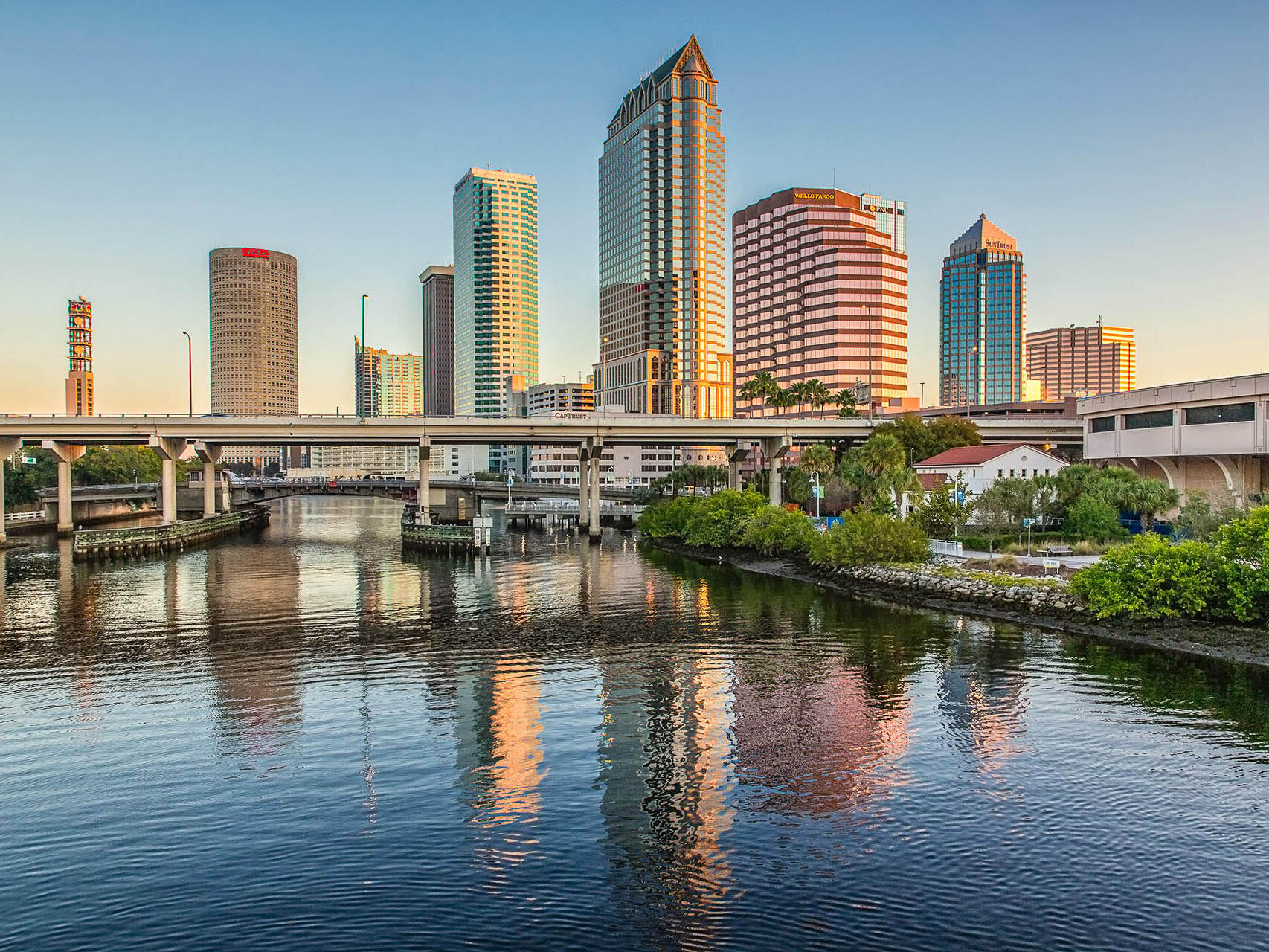 Tampa skyline from downtown bridge at dusk - commercial architectural photography.