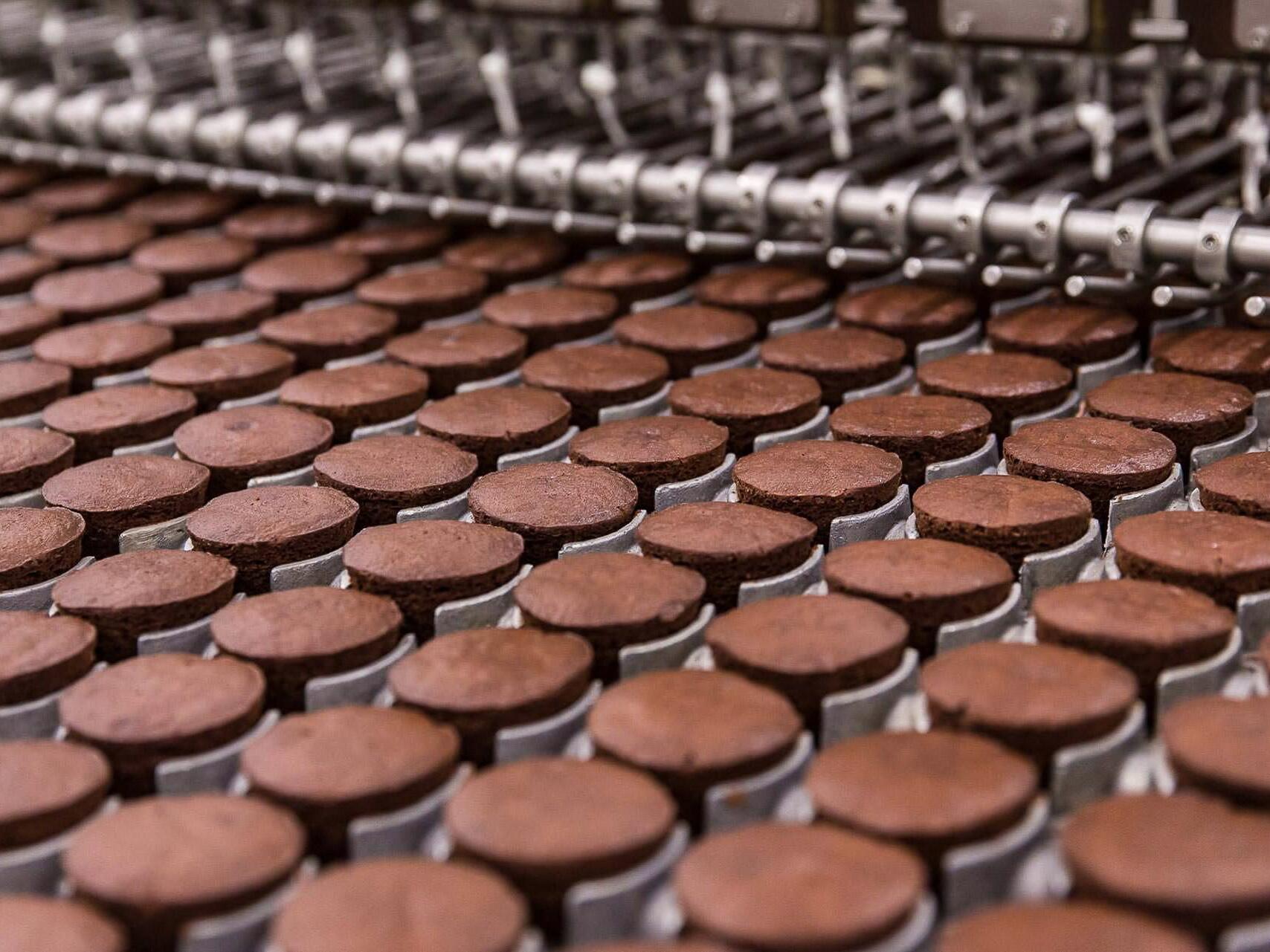 Chocolate cupcakes moving along a production line at Tastykake factory - commercial food photography by Tampa photographer Carver Mostardi.