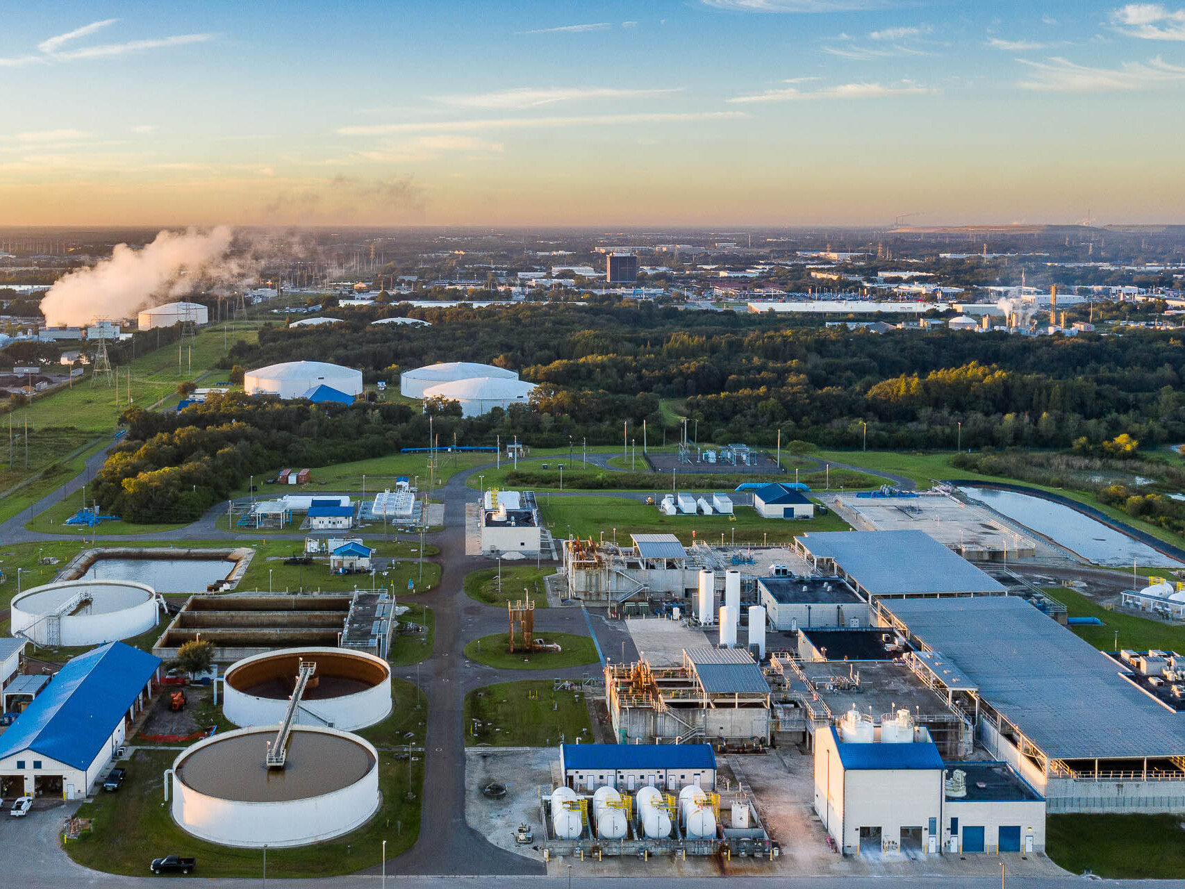 Aerial view of Tampa Bay water treatment facility at sunrise - drone commercial photography Tampa.